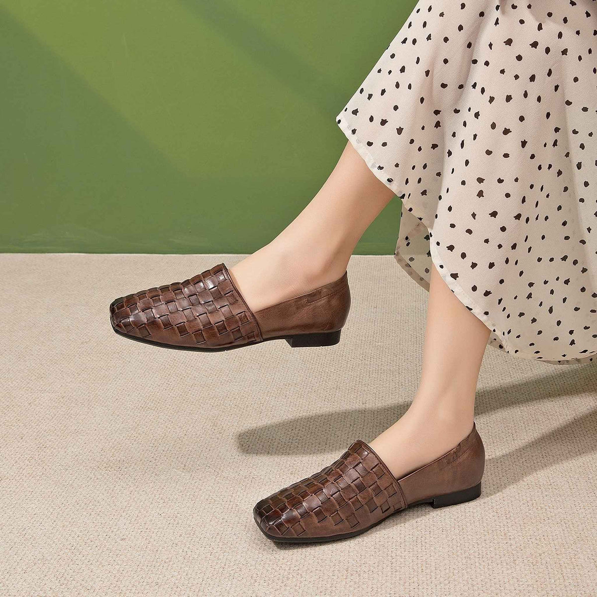 handmade woven washed cowhide square toe soft sole flat 04