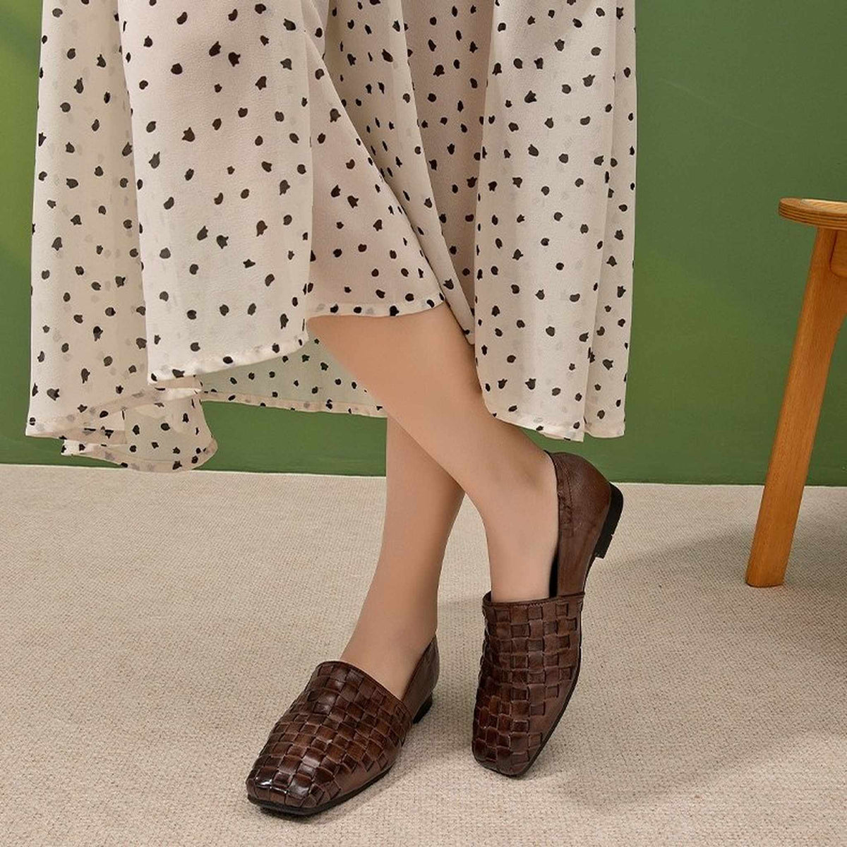 handmade woven washed cowhide square toe soft sole flat 08