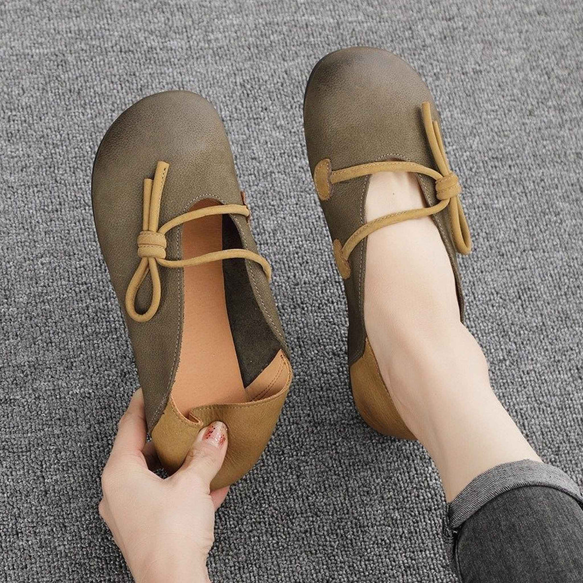 retro art color block soft sole leather slip on loafers 01