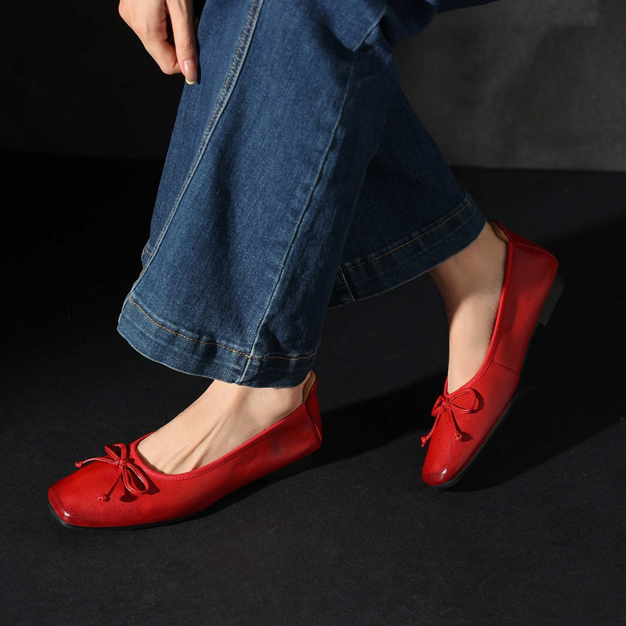 Women's Cowhide Square-Toe Shallow Soft-Sole Bowknot Flats for Autumn in 琥珀黄/Black/Rustic Red 02