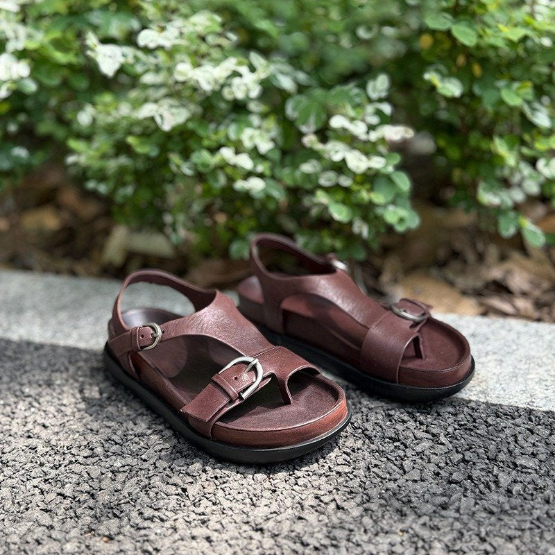 Wide Toe Box Vintage Leather Double Buckle Toe-Loop Sandals in Red/Brown/Black