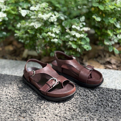 Wide Toe Box Vintage Leather Double Buckle Toe-Loop Sandals in Red/Brown/Black