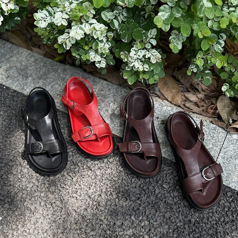 Wide Toe Box Vintage Leather Double Buckle Toe-Loop Sandals in Red/Brown/Black