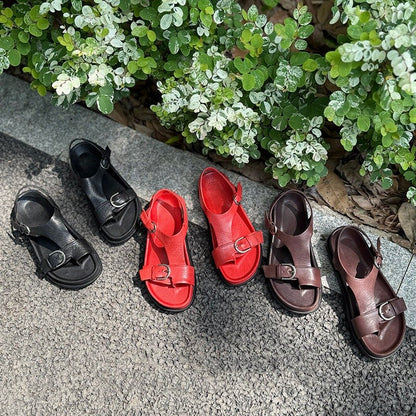 Wide Toe Box Vintage Leather Double Buckle Toe-Loop Sandals in Red/Brown/Black