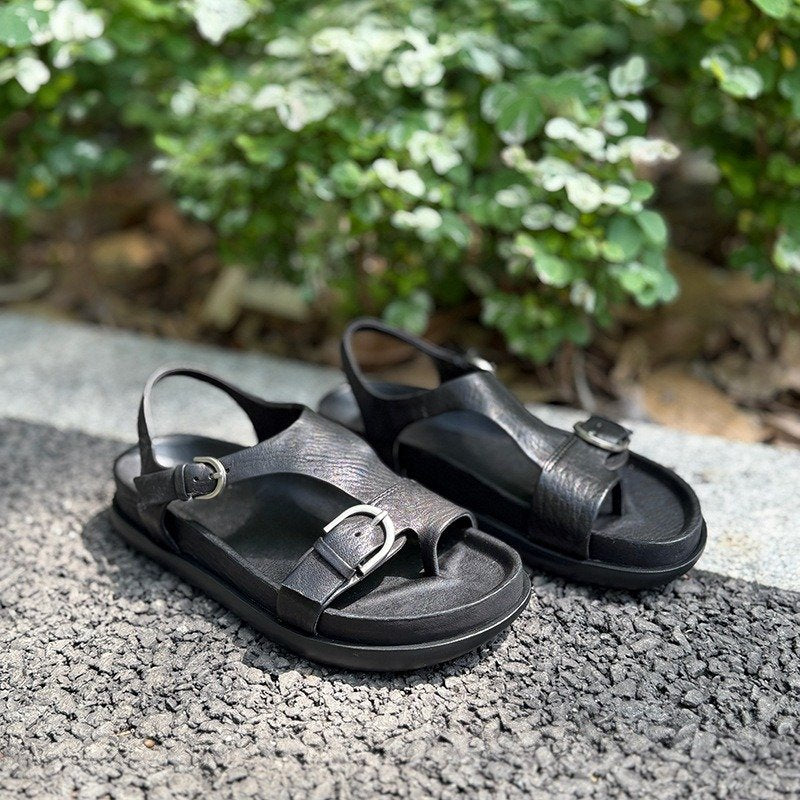 Wide Toe Box Vintage Leather Double Buckle Toe-Loop Sandals in Red/Brown/Black