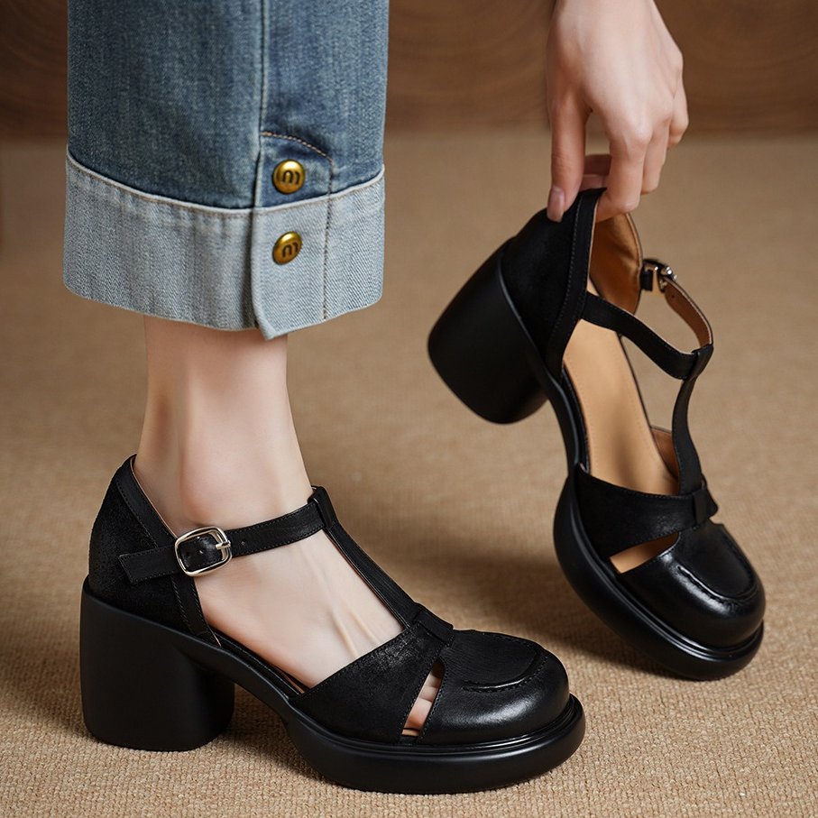 Women's Vintage Block Heel Pumps Classic T-Strap Mary Jane Shoes