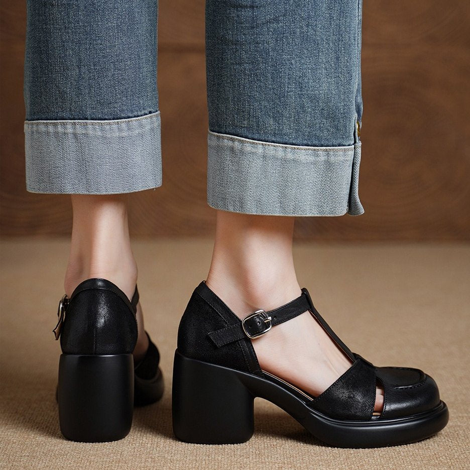 Women's Vintage Block Heel Pumps Classic T-Strap Mary Jane Shoes