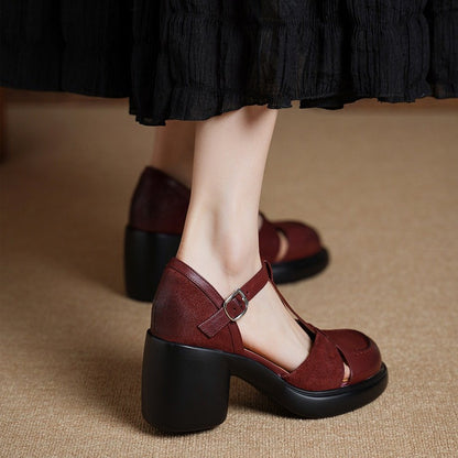 Women's Vintage Block Heel Pumps Classic T-Strap Mary Jane Shoes