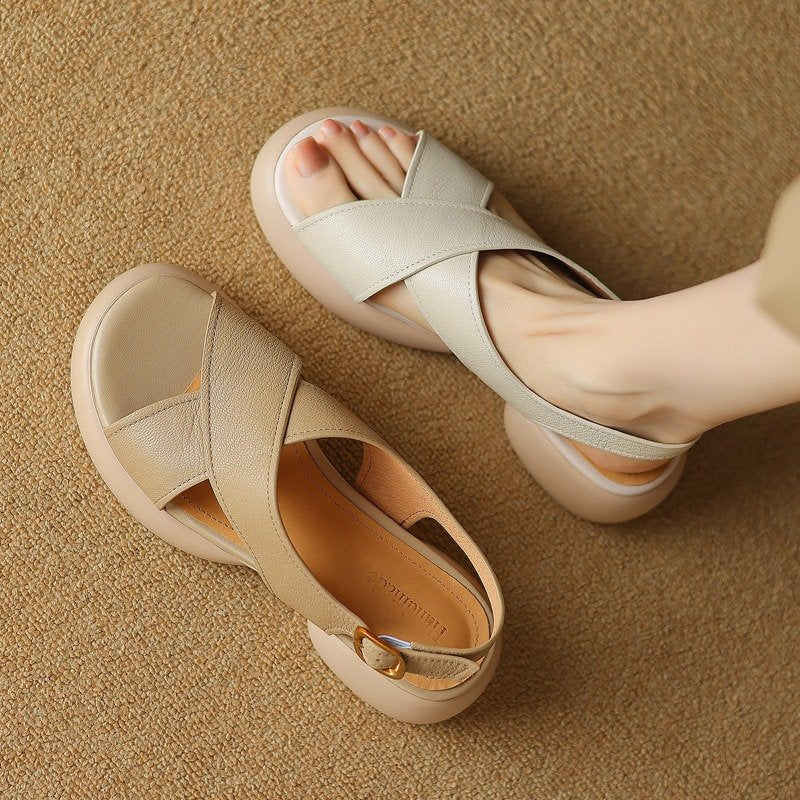 Wide Toe Box Soft Sheepskin Leather Comfort Platform Sandals in Creamy White/Apricot