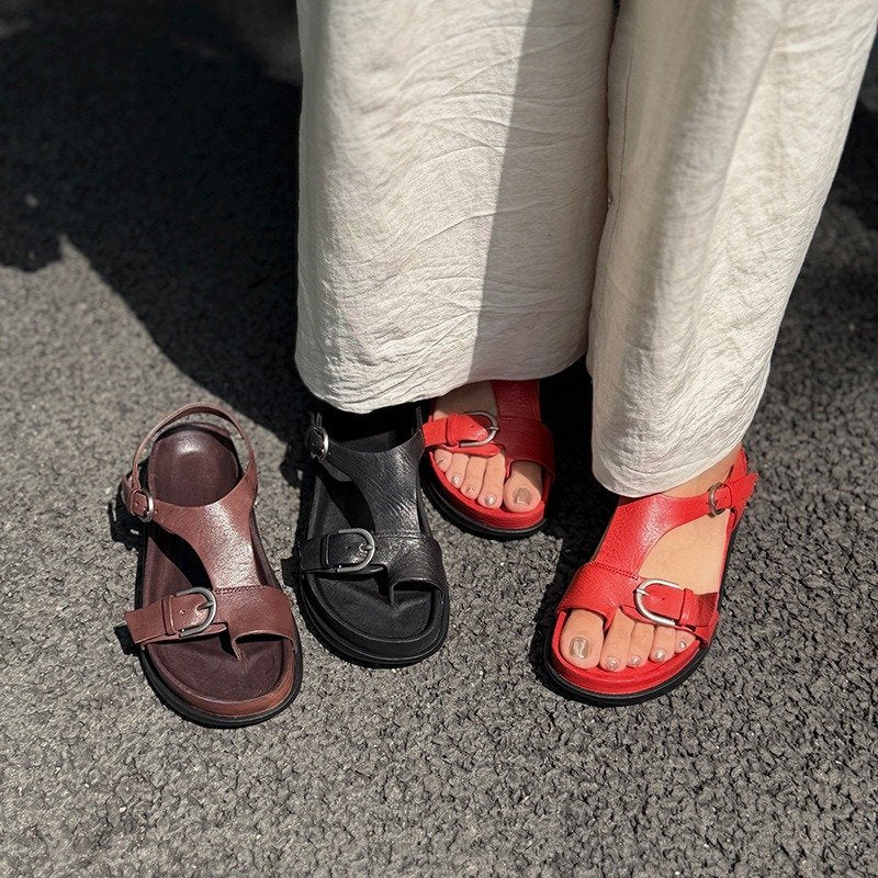 Wide Toe Box Vintage Leather Double Buckle Toe-Loop Sandals in Red/Brown/Black