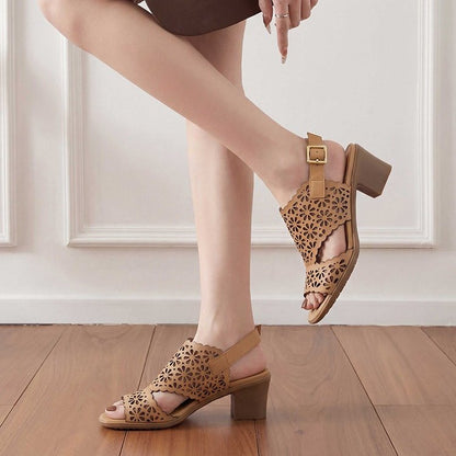 Hollow Cutout Leather Block Heel Sandals Wide Fit in White/Camel/Taupe