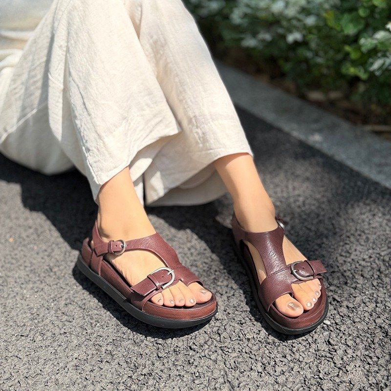 Wide Toe Box Vintage Leather Double Buckle Toe-Loop Sandals in Red/Brown/Black