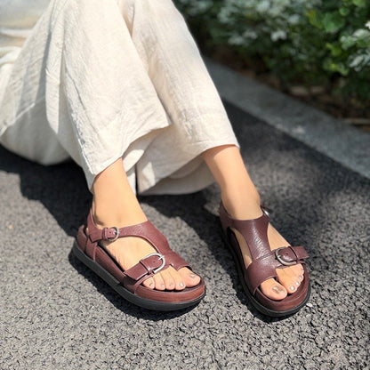 Wide Toe Box Vintage Leather Double Buckle Toe-Loop Sandals in Red/Brown/Black