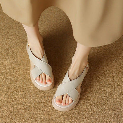 Wide Toe Box Soft Sheepskin Leather Comfort Platform Sandals in Creamy White/Apricot