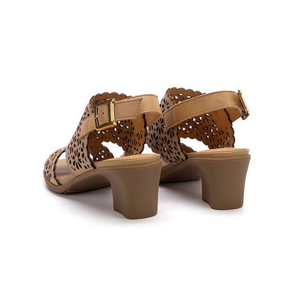 Hollow Cutout Leather Block Heel Sandals Wide Fit in White/Camel/Taupe