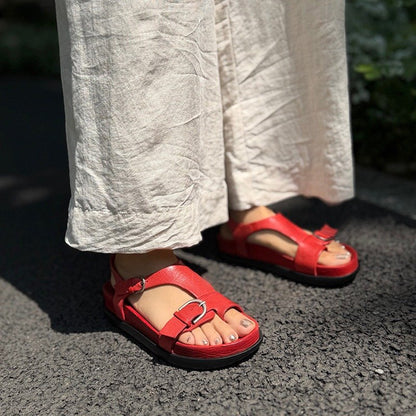 Wide Toe Box Vintage Leather Double Buckle Toe-Loop Sandals in Red/Brown/Black