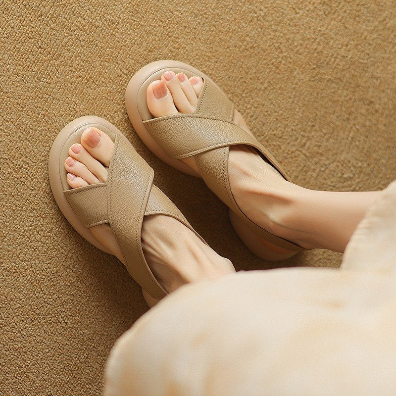 Wide Toe Box Soft Sheepskin Leather Comfort Platform Sandals in Creamy White/Apricot