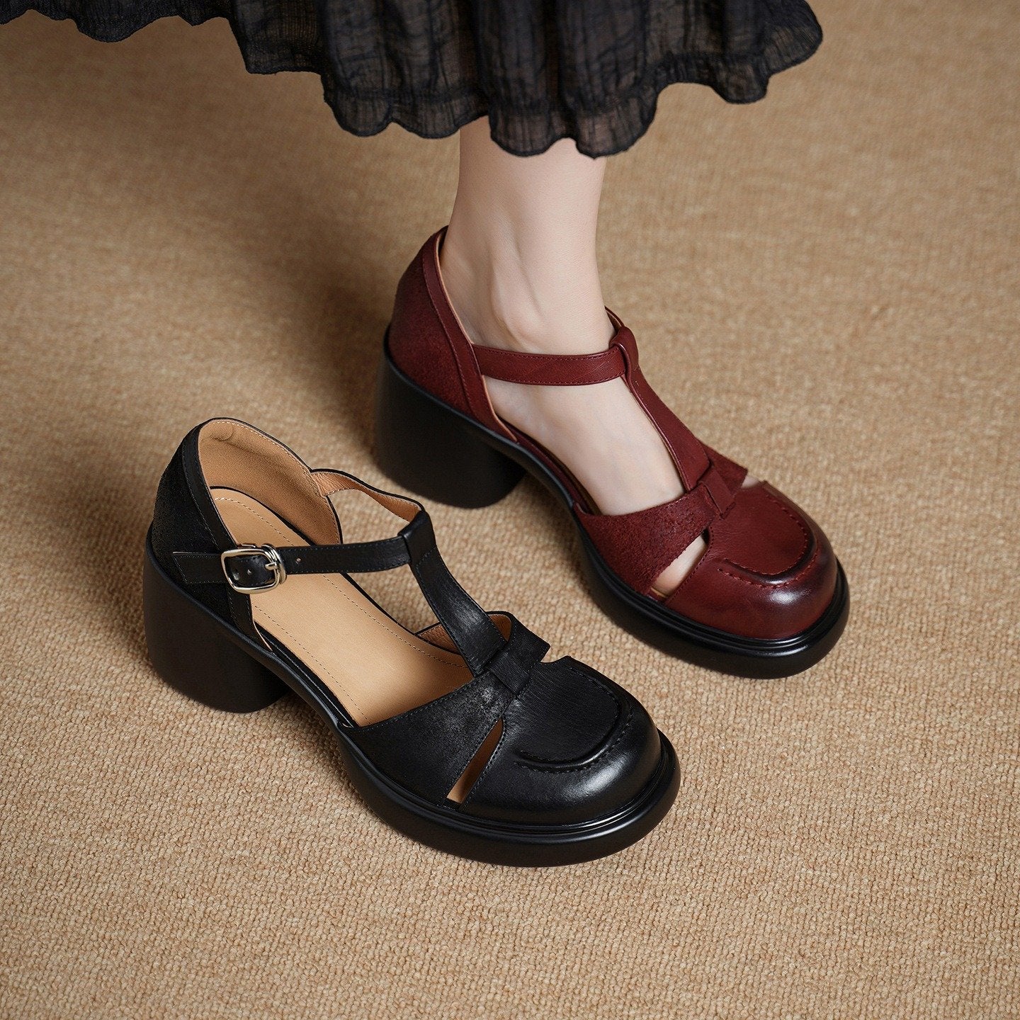 Women's Vintage Block Heel Pumps Classic T-Strap Mary Jane Shoes