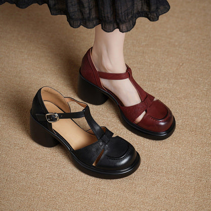 Women's Vintage Block Heel Pumps Classic T-Strap Mary Jane Shoes