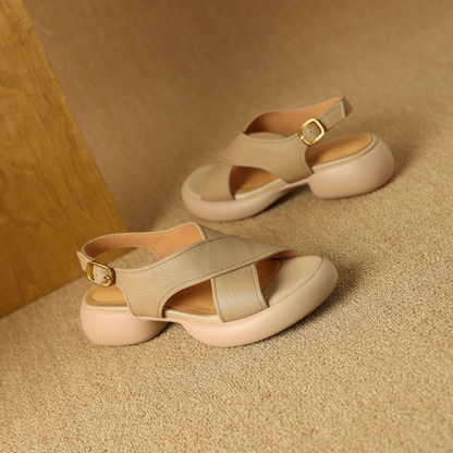 Wide Toe Box Soft Sheepskin Leather Comfort Platform Sandals in Creamy White/Apricot