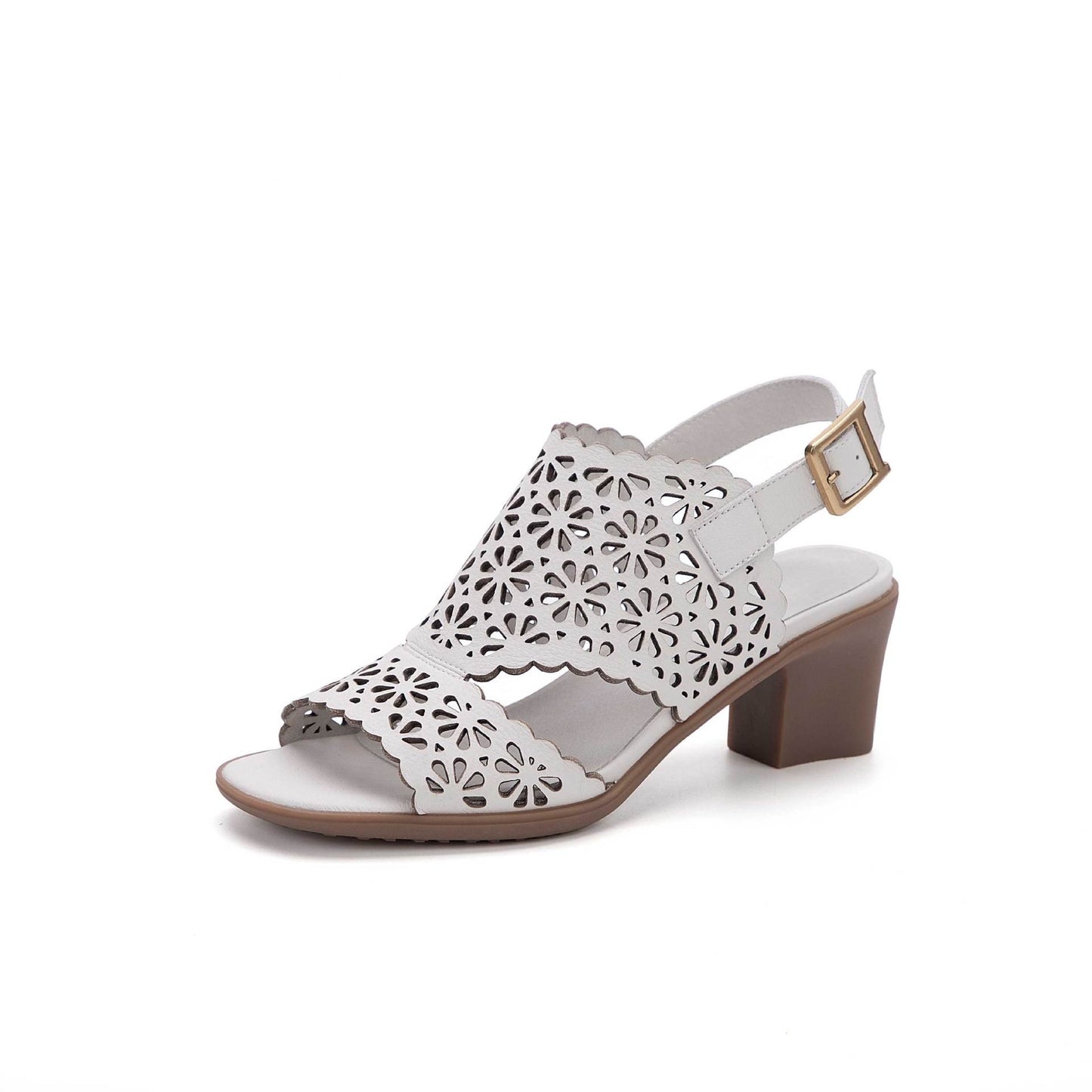 Hollow Cutout Leather Block Heel Sandals Wide Fit in White/Camel/Taupe
