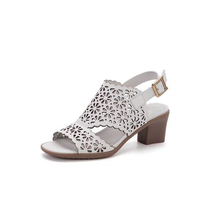 Hollow Cutout Leather Block Heel Sandals Wide Fit in White/Camel/Taupe