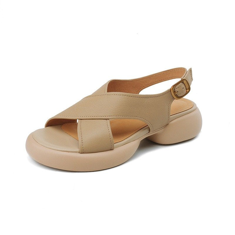 Wide Toe Box Soft Sheepskin Leather Comfort Platform Sandals in Creamy White/Apricot