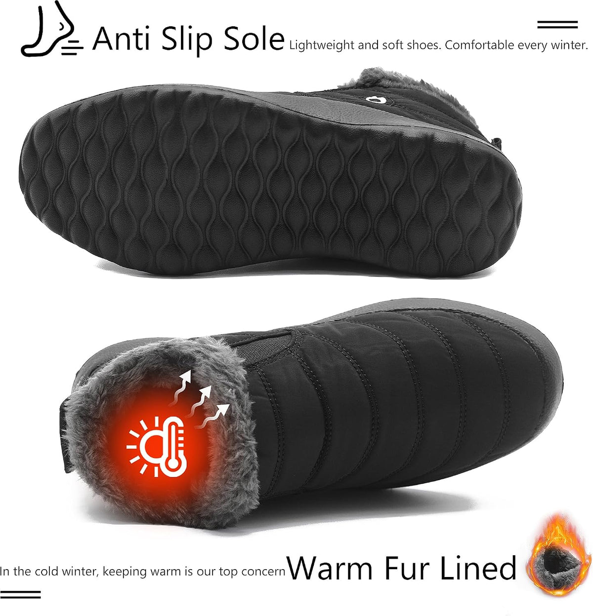 Women Boots Warm Lightweight Waterproof Soft Slip-On Casual Black Ankle Winter Snow Shoes