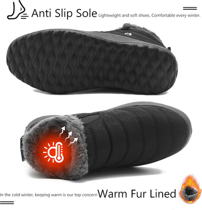 Women Boots Warm Lightweight Waterproof Soft Slip-On Casual Black Ankle Winter Snow Shoes
