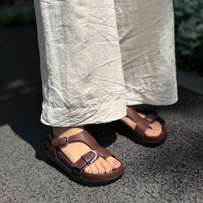 Wide Toe Box Vintage Leather Double Buckle Toe-Loop Sandals in Red/Brown/Black