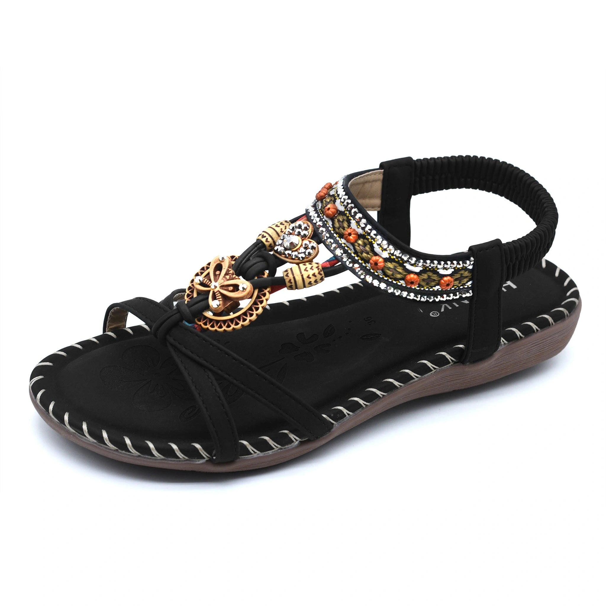 black bohemian rhinestone sandals women