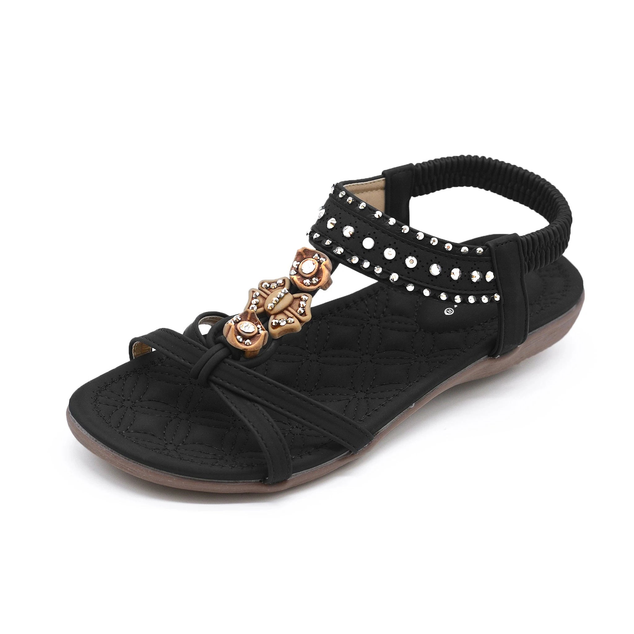 bohemian rhinestone t-strap flat sandals black