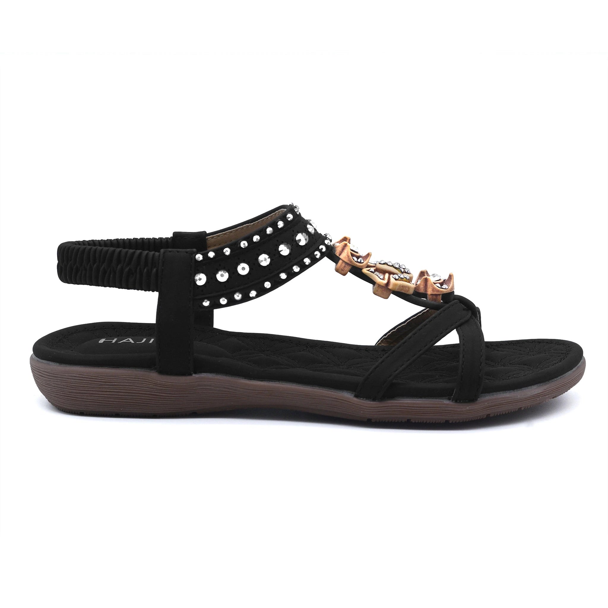 bohemian rhinestone t-strap sandals black