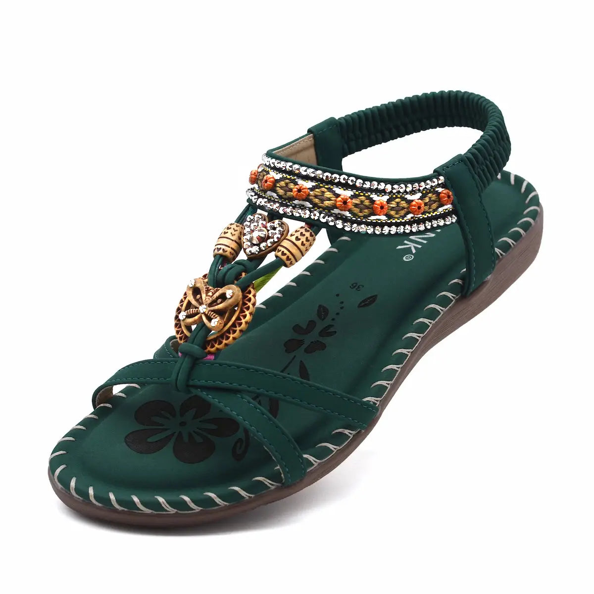 green bohemian rhinestone sandals front