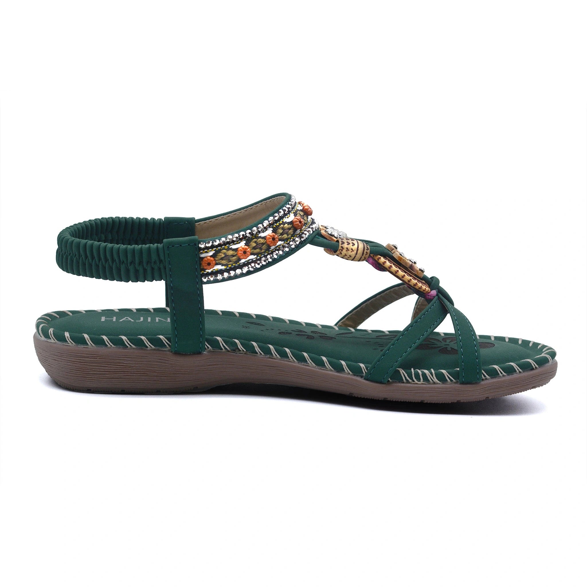 green bohemian rhinestone sandals side