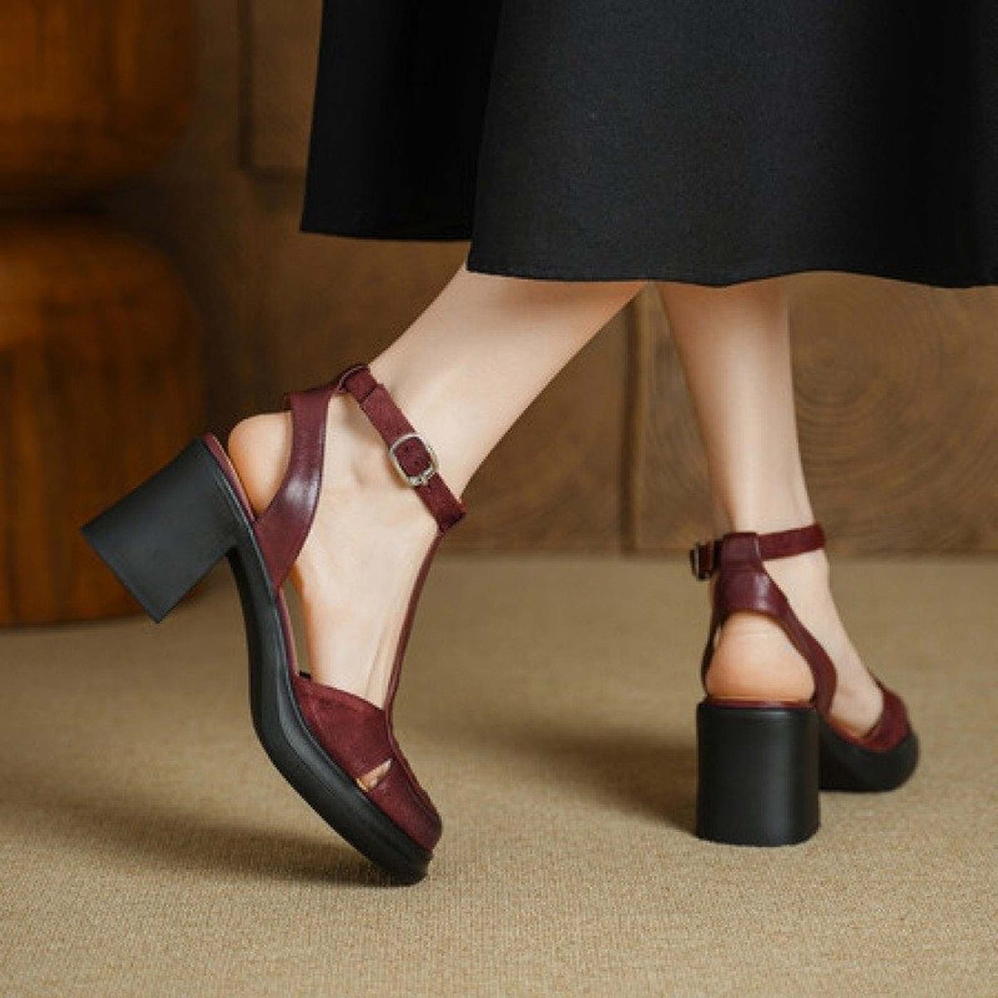 7 5cm french retro one strap closed toe chunky heel san 03