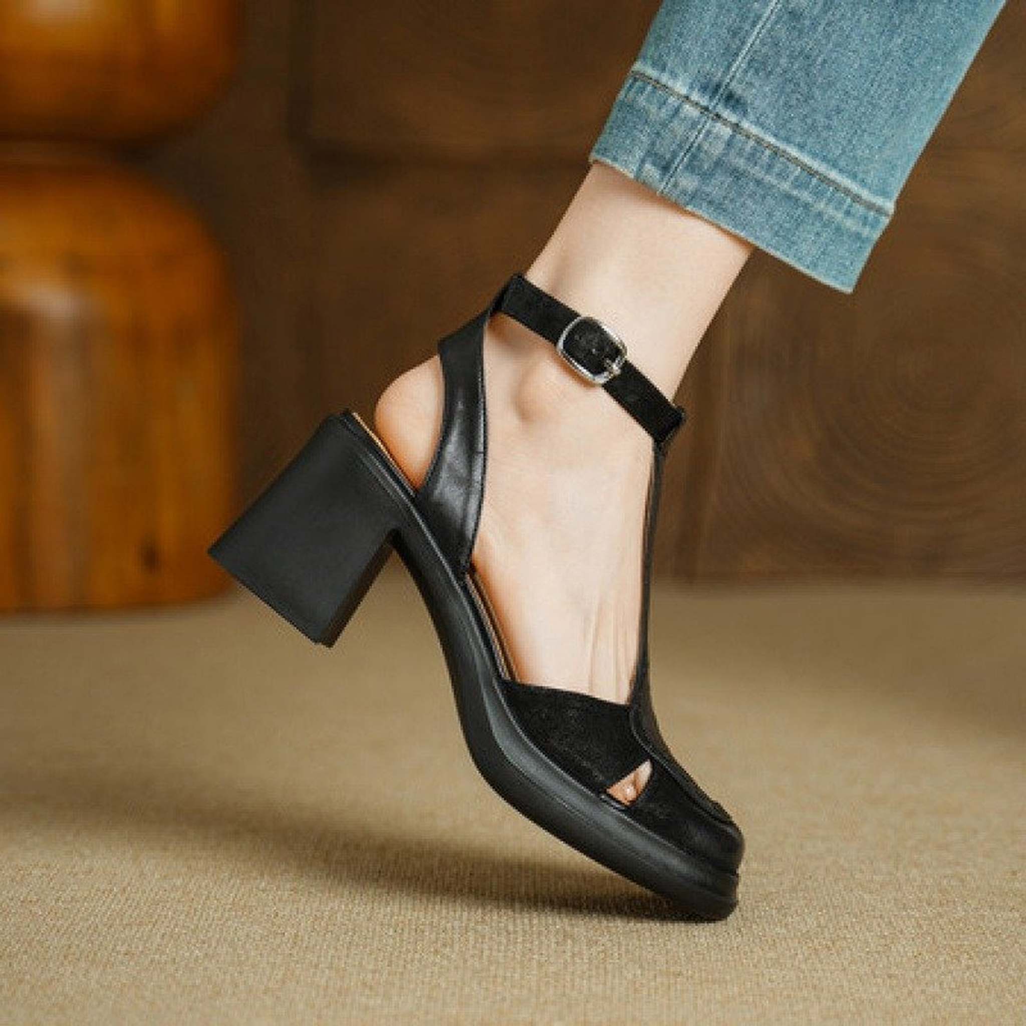 7 5cm french retro one strap closed toe chunky heel san 04