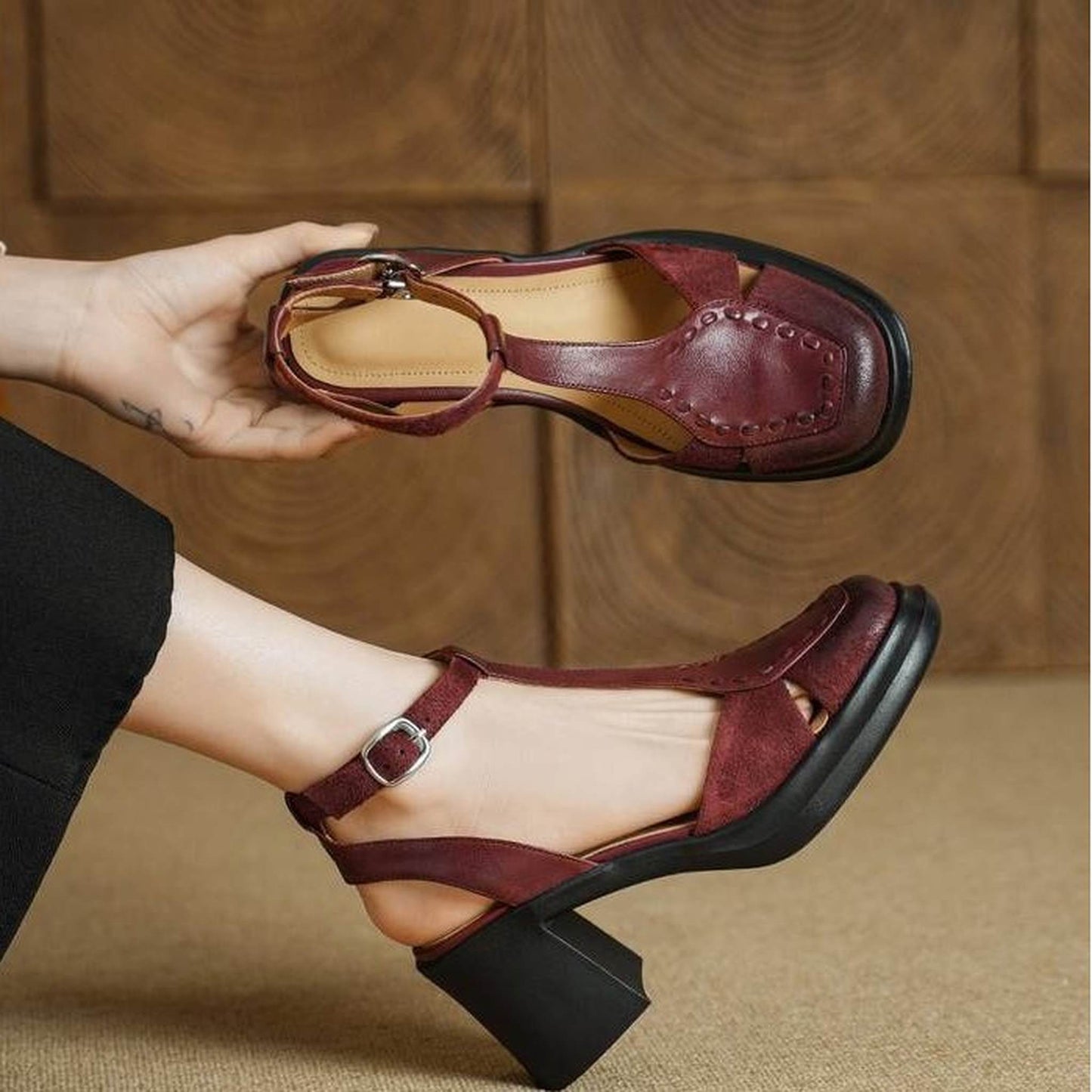 7 5cm french retro one strap closed toe chunky heel san 06