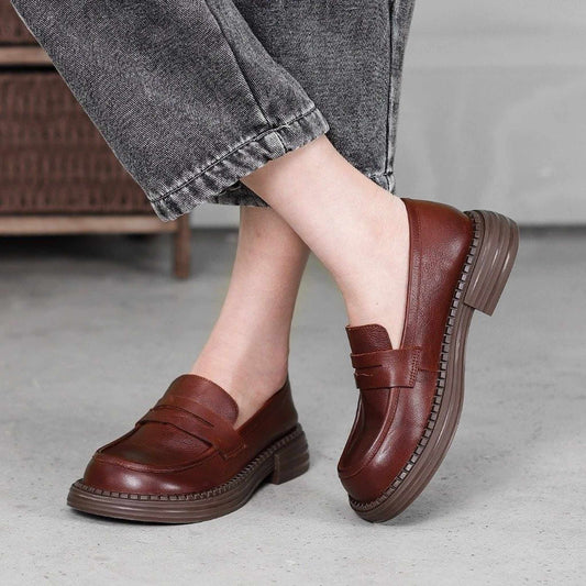 british round toe chunky heel leather loafers for commu 01