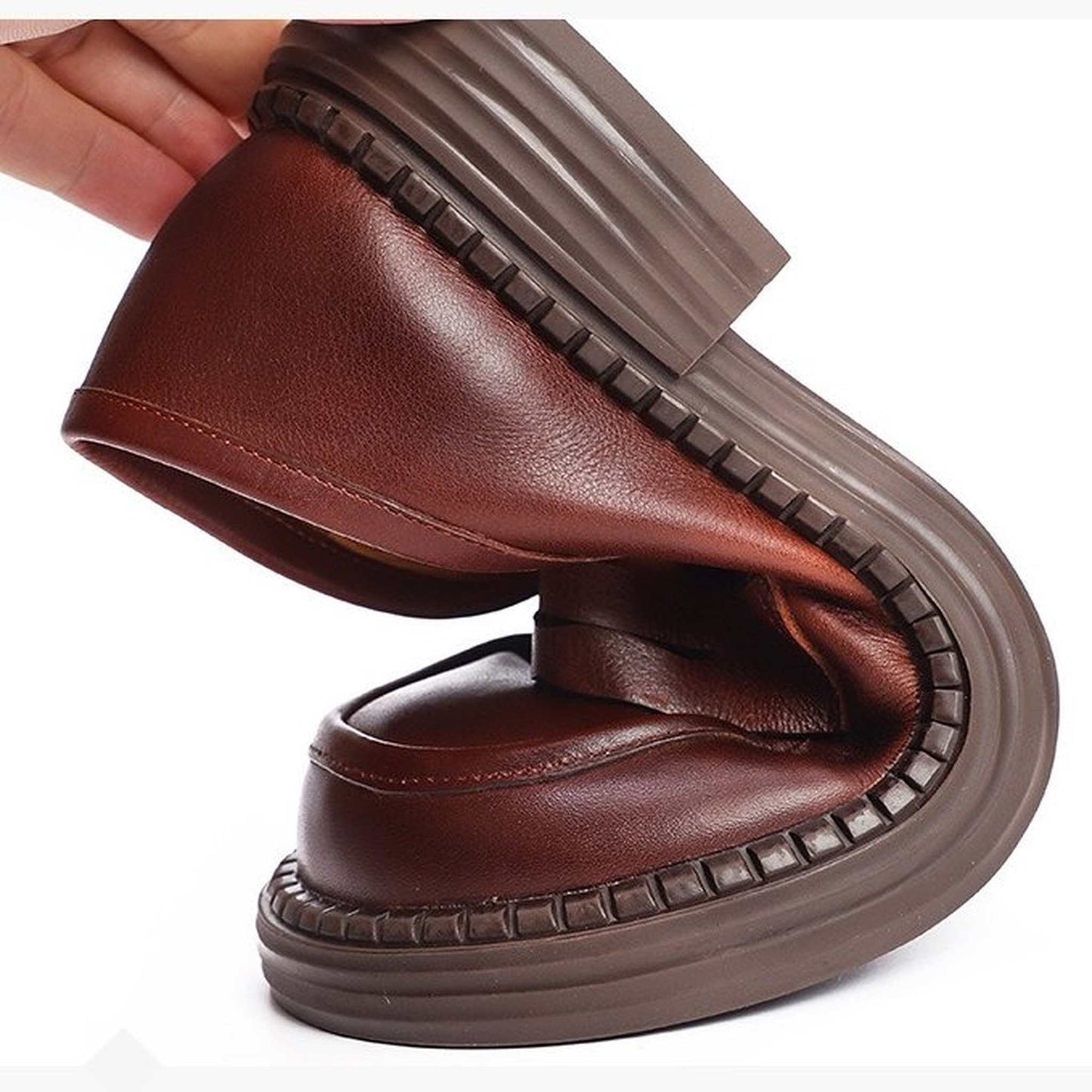 british round toe chunky heel leather loafers for commu 06