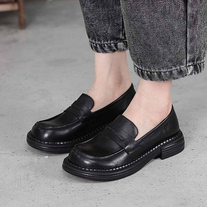 british round toe chunky heel leather loafers for commu 08