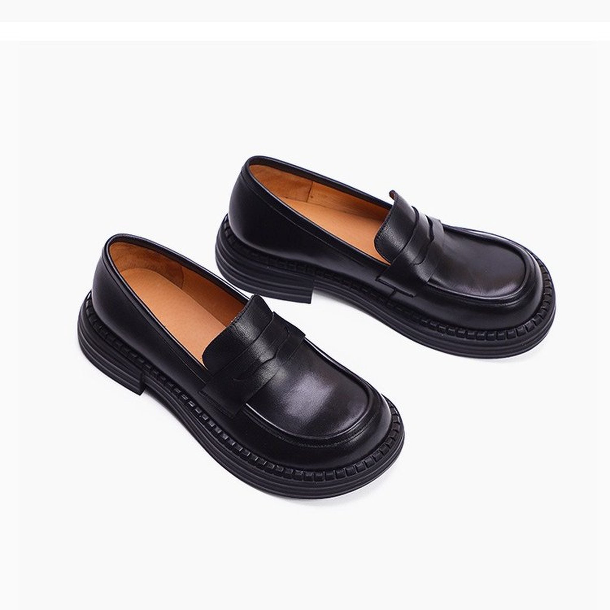 british round toe chunky heel leather loafers for commu 09