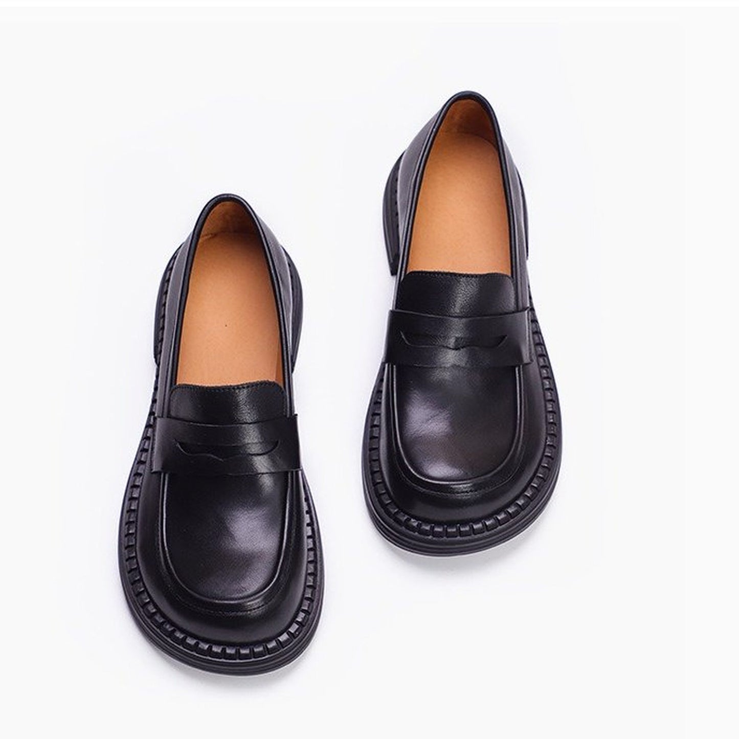 british round toe chunky heel leather loafers for commu 10