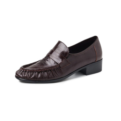 european pleated round toe low heel leather loafers in  03