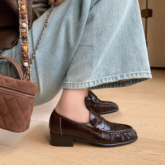 european pleated round toe low heel leather loafers in  08
