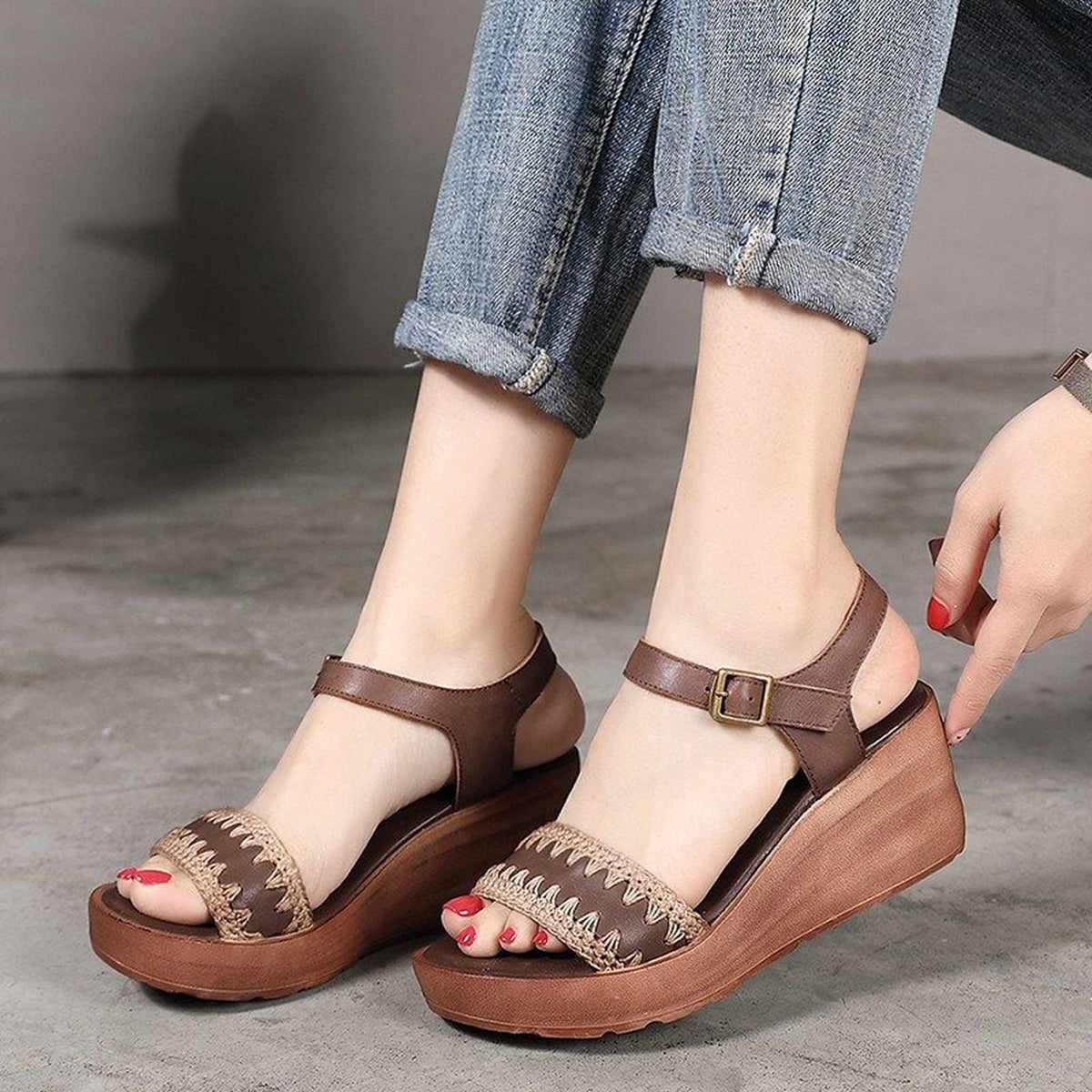 full grain leather knit wedge platform sandals for summ 01