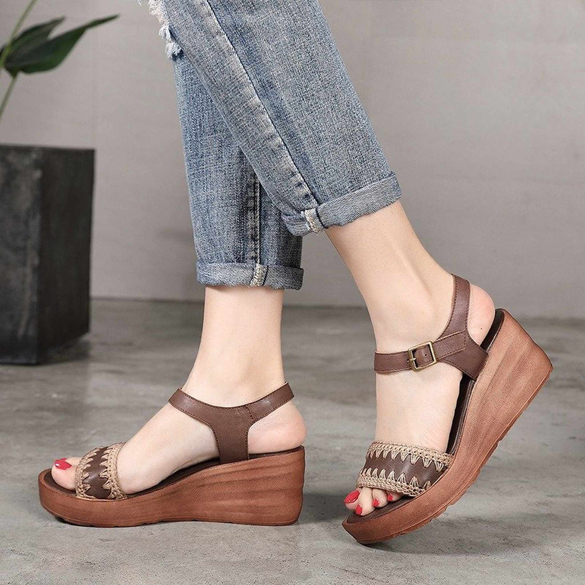full grain leather knit wedge platform sandals for summ 03