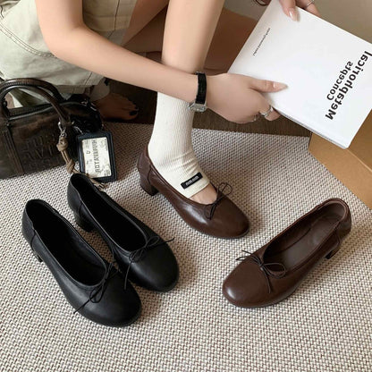 HAJINK Round Toe Block Heels Bowknot Shallow Sheepskin Flats 01