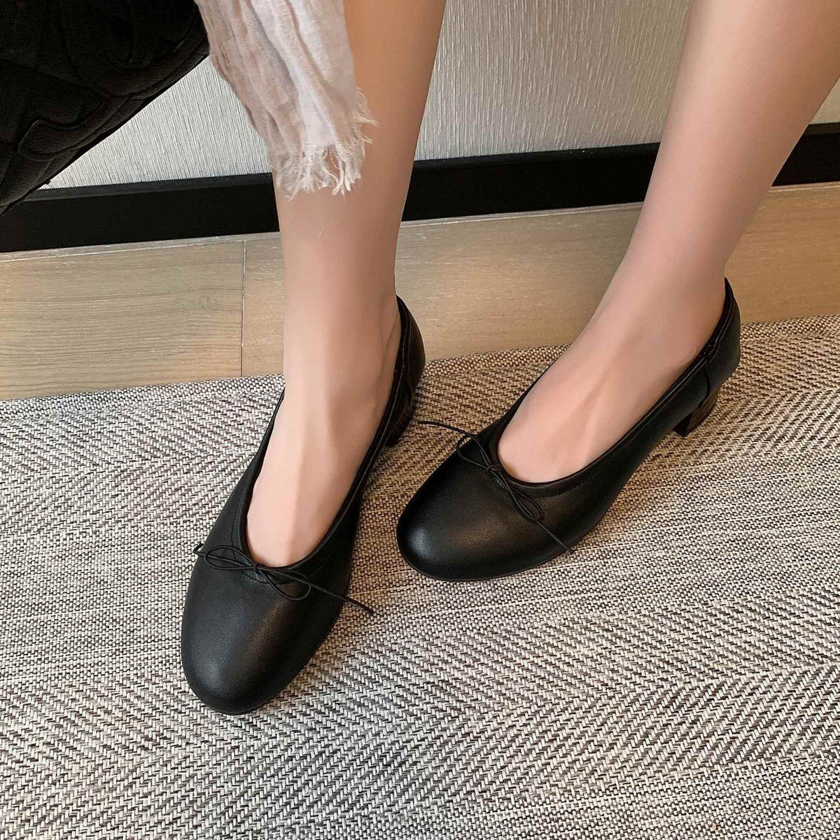 HAJINK Round Toe Block Heels Bowknot Shallow Sheepskin Flats 04