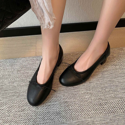 HAJINK Round Toe Block Heels Bowknot Shallow Sheepskin Flats 04